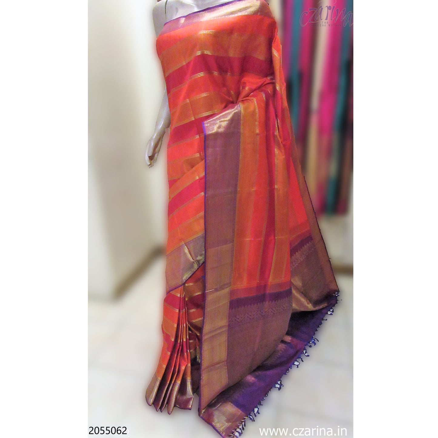 ORANGE OCHRE RED VIOLET KANCHIPURAM SILK SAREE