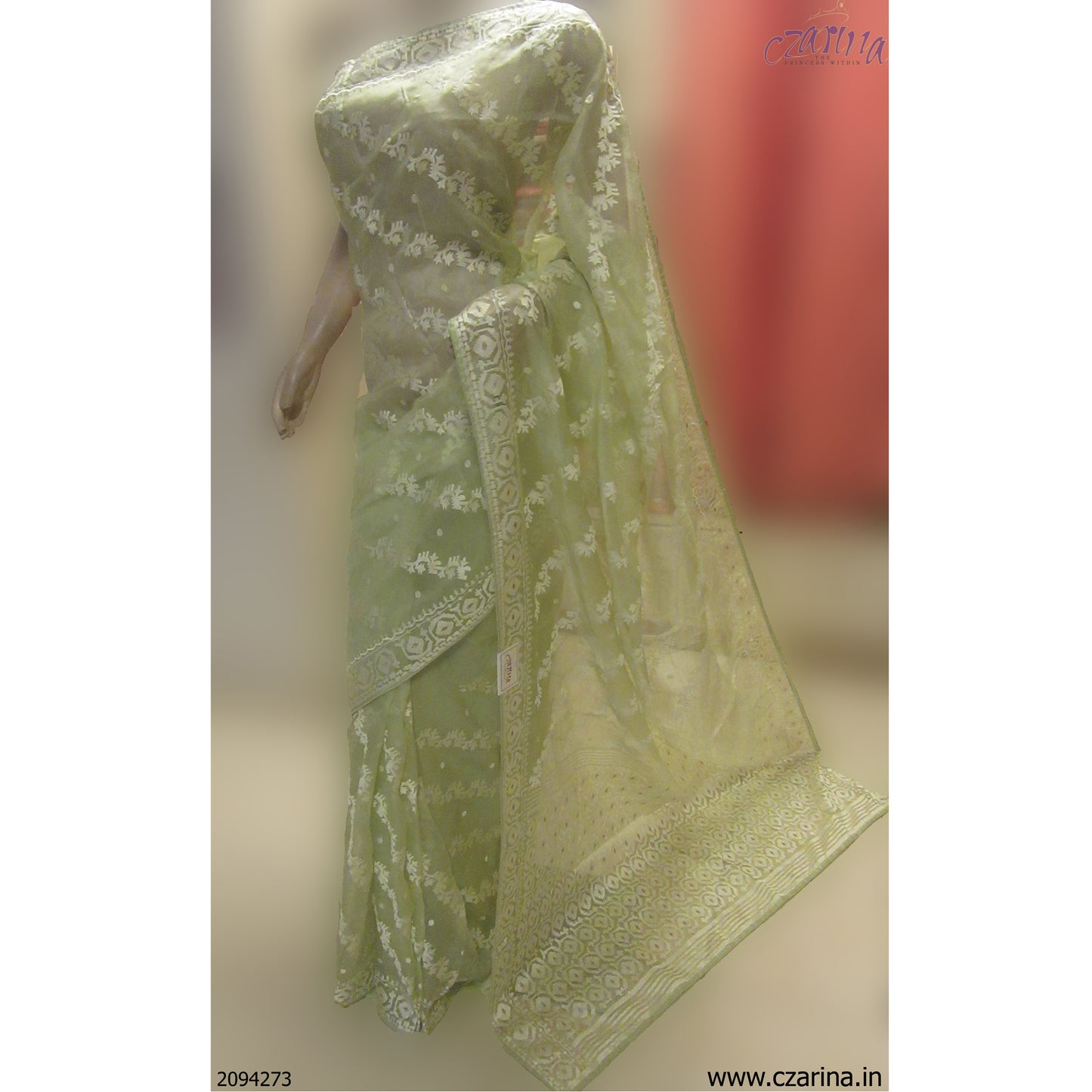 SAGE GREEN EMBROIDERED ORGANZA SAREE