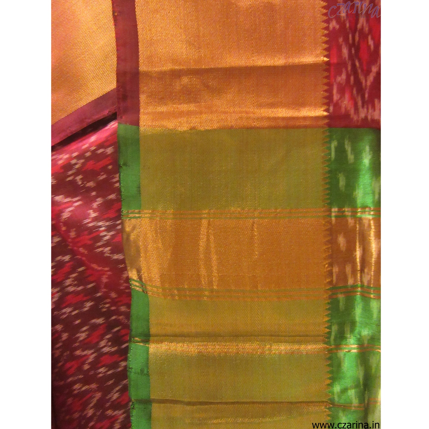 BURGUNDY GREEN GOLDEN IKAT SILK SARI