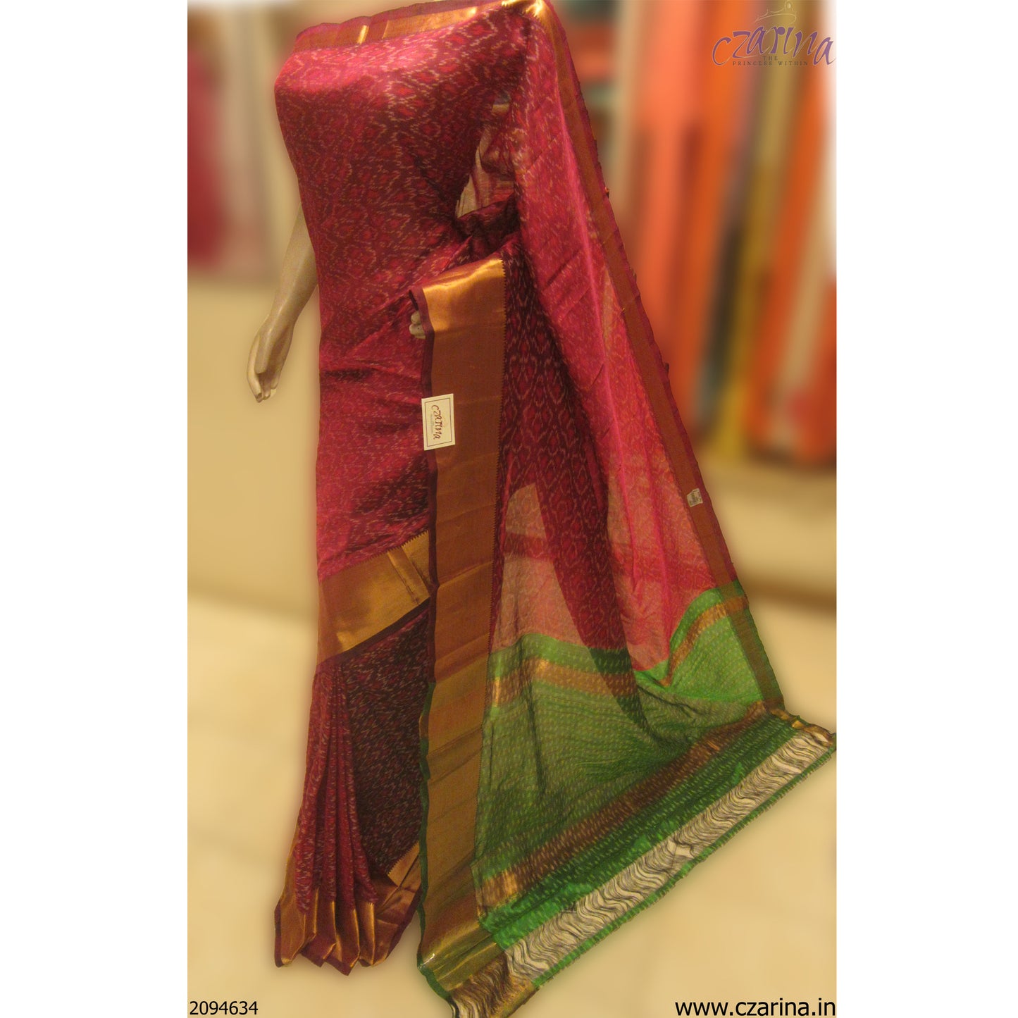 BURGUNDY GREEN GOLDEN IKAT SILK SARI