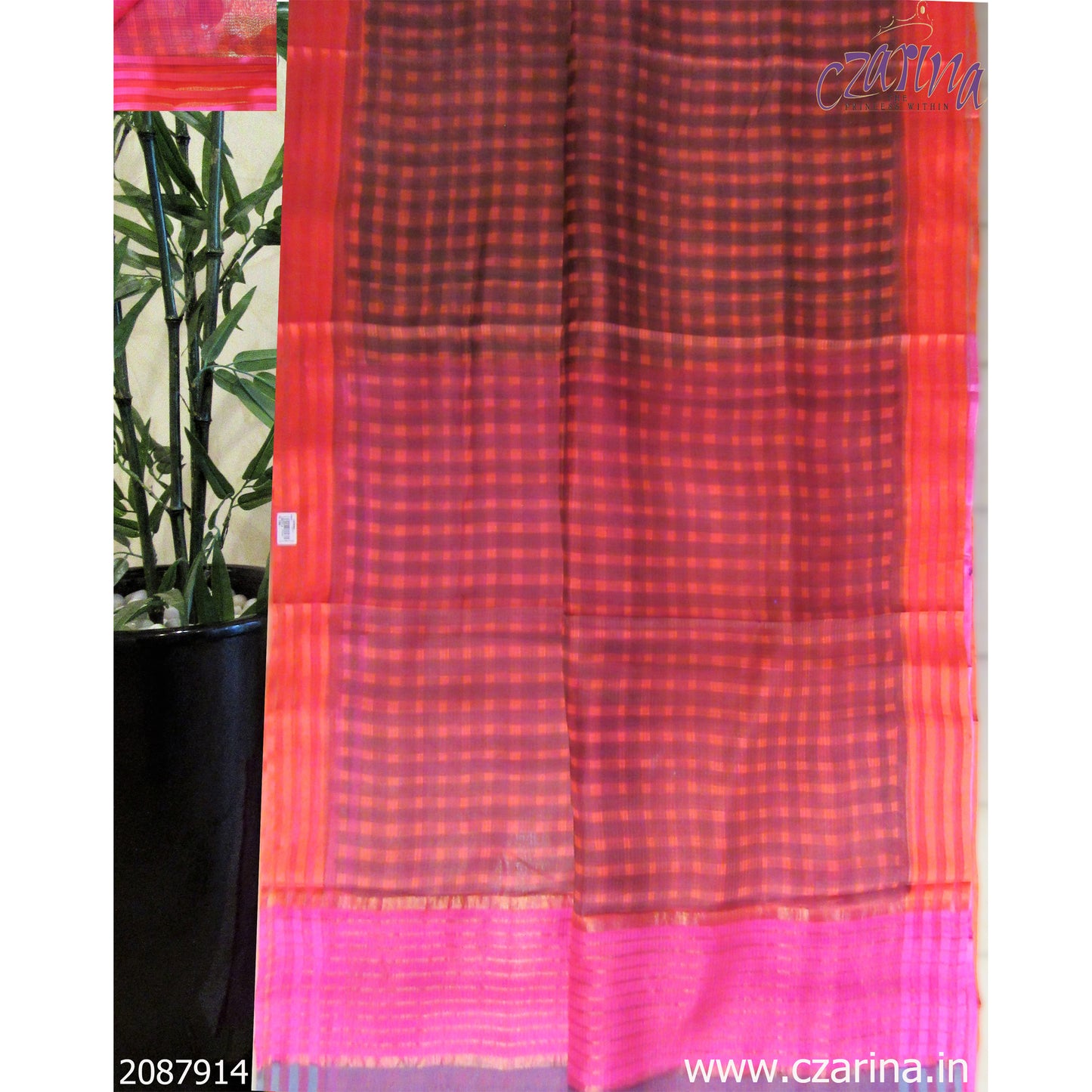 ORANGE VIOLET PINK PRINTED SILKY KOTA SAREE