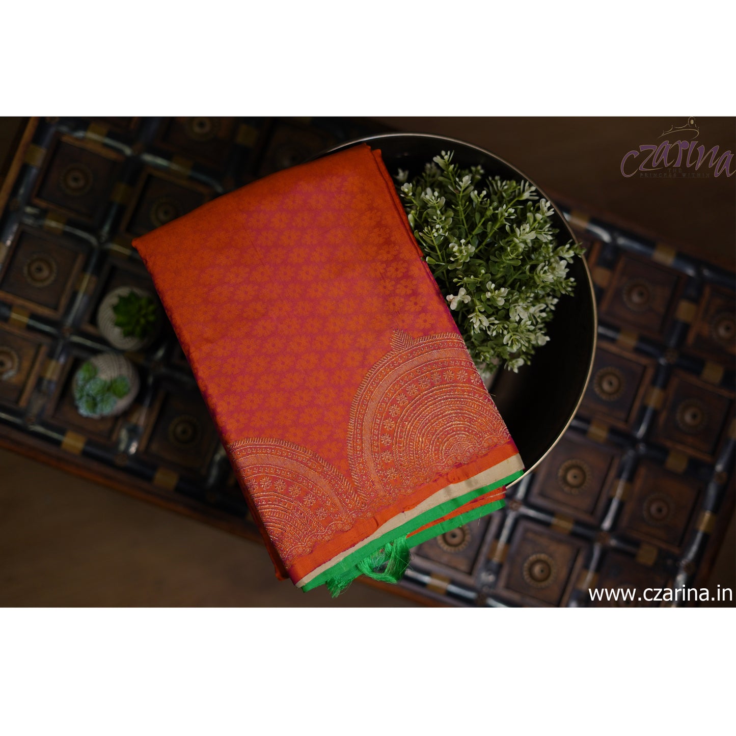ORANGE GREEN CREAM KANCHIPURAM SILK SAREE