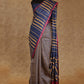 NAVY BLUE AND BEIGE VERTICAL STRIPE PARTLY DESIGNED WITH PINK BORDER TUSSAR SILK SAREE