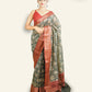 DARK OLIVE GREEN CHANDERI SAREE WITH PEACOCK MOTIFS AND MAROON BORDER WITH ANTIQUE ZARI WEAVING