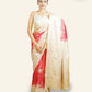 RED TUSSAR SILK SAREE WITH BEIGE BORDERS AND BEIGE FLORAL EMBROIDERY