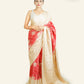 RED TUSSAR SILK SAREE WITH BEIGE BORDERS AND BEIGE FLORAL EMBROIDERY