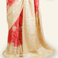 RED TUSSAR SILK SAREE WITH BEIGE BORDERS AND BEIGE FLORAL EMBROIDERY