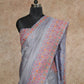 BLUISH GREY WITH PEACH EMBROIDERED BORDERS TUSSAR SILK SAREE