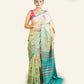 BEIGE AND GREEN SHADED SOFT TUSSAR SILK SAREE WITH FLORAL BLOCK PRINTS