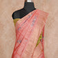 PEACH WITH GOLD BORDER AND GREEN COMBINATION ON PALLU TUSSAR SILK SAREE AND BLOUSE WITH FLORAL PRINTS