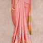 PEACH WITH GOLD BORDER AND GREEN COMBINATION ON PALLU TUSSAR SILK SAREE AND BLOUSE WITH FLORAL PRINTS