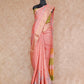 PEACH WITH GOLD BORDER AND GREEN COMBINATION ON PALLU TUSSAR SILK SAREE AND BLOUSE WITH FLORAL PRINTS