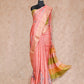 PEACH WITH GOLD BORDER AND GREEN COMBINATION ON PALLU TUSSAR SILK SAREE AND BLOUSE WITH FLORAL PRINTS