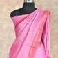 PINK WITH GEOMETRIC BLOCK, PEACH TEMPLE BORDER SOFT TUSSAR SILK SAREE