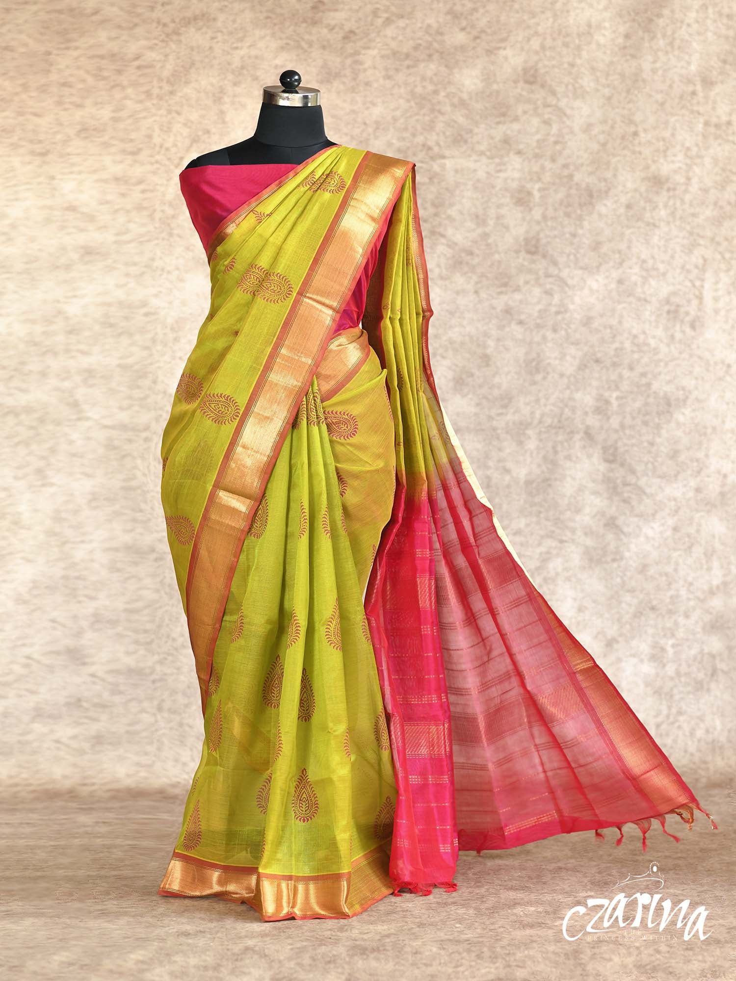 Mustard colour traditional cotton saree with Ikat blouse – Umbara Designs