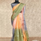 FADED BLEND PEACH PINK OLIVE GREEN, BLUE SHADES WITH BLUE SHADED ZARI DOTTED ORGANZA SILK SAREE