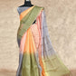 FADED BLEND PEACH PINK OLIVE GREEN, BLUE SHADES WITH BLUE SHADED ZARI DOTTED ORGANZA SILK SAREE