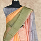 FADED BLEND PEACH PINK OLIVE GREEN, BLUE SHADES WITH BLUE SHADED ZARI DOTTED ORGANZA SILK SAREE