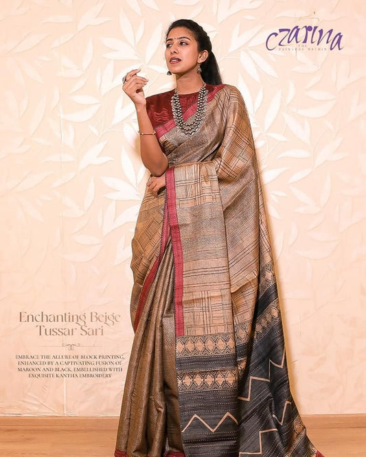 BEIGE WITH MAROON AND BLACK BORDER AND EXQUISITE KANTHA EMBROIDERY  ALLURE BLOCK PRINT TUSSAR SAREE