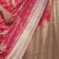 RED TUSSAR SILK SAREE WITH BEIGE BORDERS AND BEIGE FLORAL EMBROIDERY