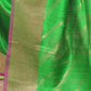 GREEN BANARASI TUSSAR SAREE WITH DIAGONAL LINES AND ANTIQUE GOLD ZARI BORDER