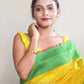 YELLOW BANARASI TISSUE SAREE WITH GREEN THREADWORK BORDER