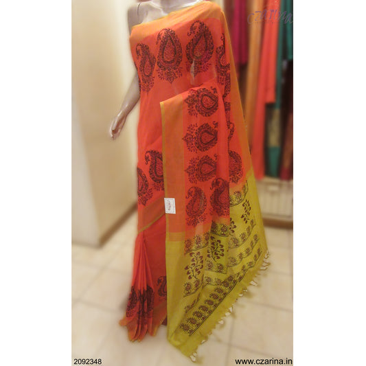 ORANGE GREEN PRINTED SILK COTTON SAREE